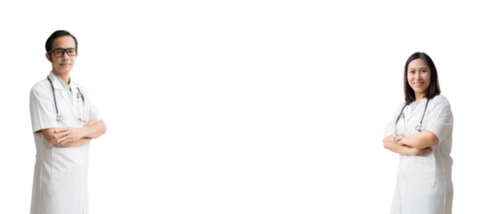 Medical Services. Asian doctor woman and man, Happy and Smiling Posing arms crossed blank workspace, isolated background