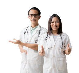 Medical Services. Asian doctor woman and man, Hand open palm up blank workspace with thump up, isolated background