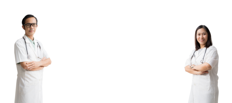 Medical Services. Asian doctor woman and man, Happy and Smiling Posing arms crossed blank workspace, isolated background