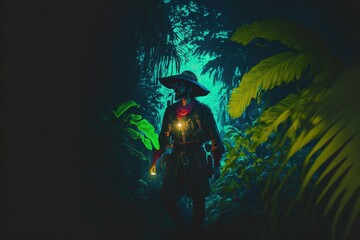 A pirate with a flashlight walking through the dark night jungle