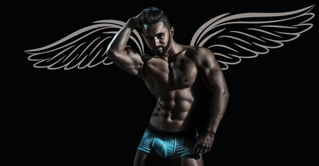 Photo banner of sexy man with wings for valentines day. Sexy male model body, nude torso. Sexy...