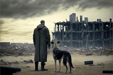 A man with a dog in a world destroyed by the apocalypse - obrazy, fototapety, plakaty