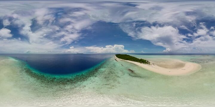 Aerial drone of tropical island with sandbar and beach. Malaysia. Timba Timba Island. VR 360.