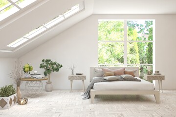 Stylish bedroom in white color with summer landscape in window. Scandinavian interior design. 3D illustration