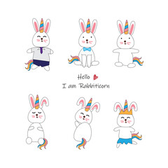 Cute hand drawn rabbit unicorn cartoon vector.Animal cartoon character set.
