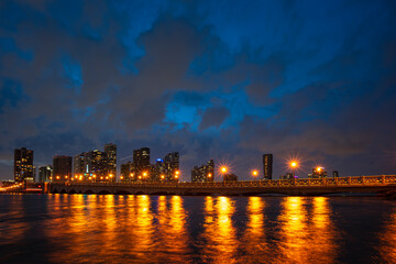 Skyline of Miami. Night sunset in Miami downtown.