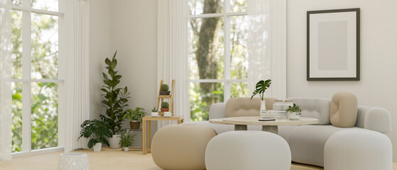Modern contemporary white living room with comfortable couch, coffee table, indoor plants