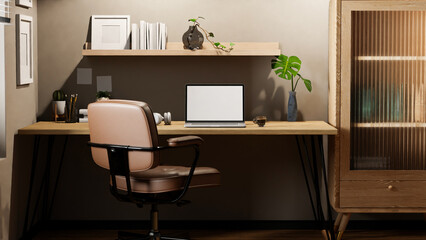 Modern and comfortable working room interior design with laptop computer on wooden desk