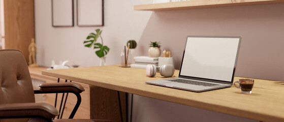 Minimal home workspace with laptop mockup and accessories on wood table