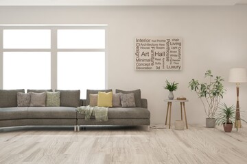 White living room with sofa. Scandinavian interior design. 3D illustration