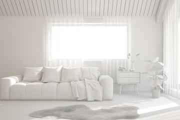 White minimalist living room with sofa. Scandinavian interior design. 3D illustration