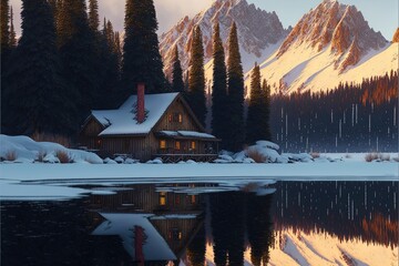 Panoramic View of Snowy Mountains and River in the winter