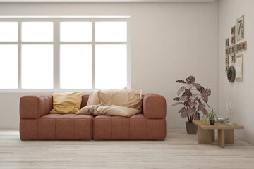 White living room with sofa. Scandinavian interior design. 3D illustration