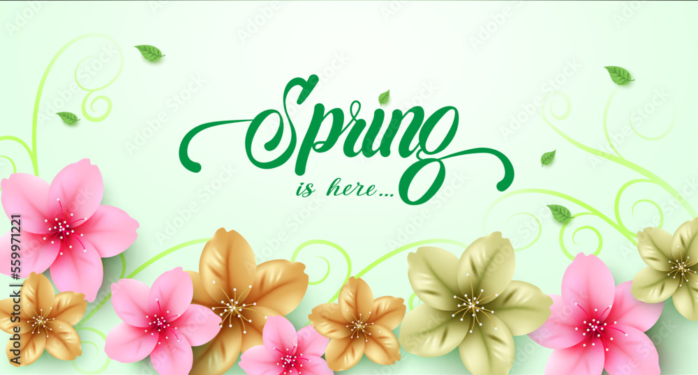 Aufkleber spring text vector background design. spring is here greeting typography in empty space with cherry 