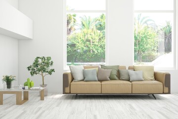 White living room with sofa and summer landscape in window. Scandinavian interior design. 3D illustration