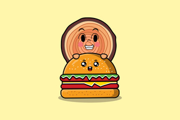 Cute Wood trunk cartoon character hiding in burger illustration in flat modern design