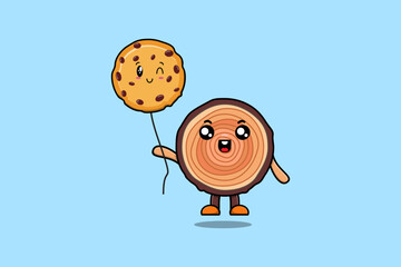 Cute cartoon Wood trunk floating with biscuits balloon in flat cartoon vector icon illustration