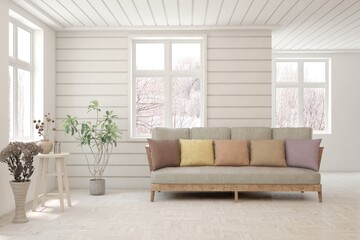 White living room with sofa and winter landscape in window. Scandinavian interior design. 3D illustration