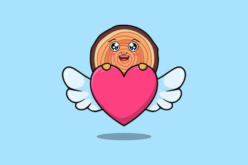 cute cartoon Wood trunk character hiding heart in flat cartoon style illustration