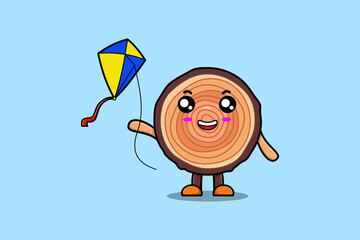 Cute cartoon Wood trunk character playing kite flaying cartoon icon vector illustration
