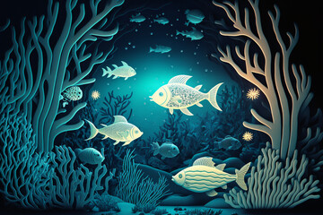 Fototapeta na wymiar An underwater scene with fish and corals paper cut style, Generative AI