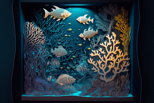 An underwater scene with fish and corals paper cut style, Generative AI