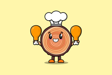 Cute cartoon Wood trunk chef character holding two chicken thighs in flat cartoon style illustration