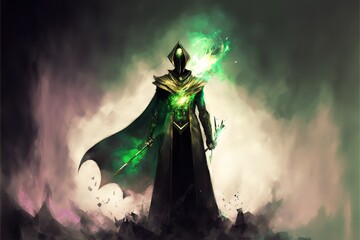 A futuristic sorcerer in a black robe with a green light weapon