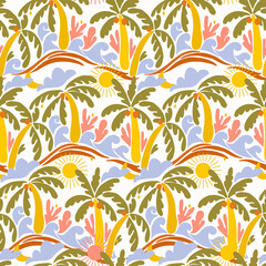 Fototapeta na wymiar Beautiful old style 50s 70s retro floral seamless pattern with colorful palms waves sun. Stock surfing illustration.
