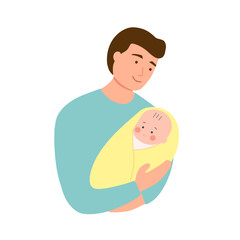 Father carrying little baby in flat design on white background. Dad and newborn baby concept vector illustration.