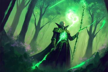 Fototapeta na wymiar A futuristic sorcerer in a black robe with a green light weapon