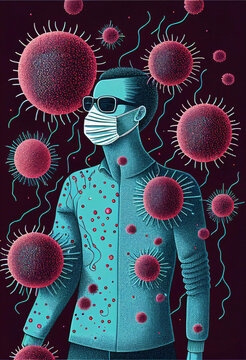 Man Wearing Mask And Sunglasses, Standing With Virus Particles Around, COVID, Illness, Illustration, Generative Ai