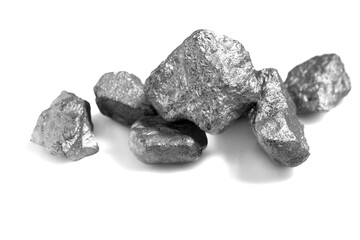 Pure platinum or silver or rare mineral from the mine on white background