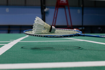 The shuttlecock is on the badminton racket on the floor in the playing field.