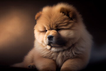 Beautiful Chow Chow puppy dog portrait in front of dark background.