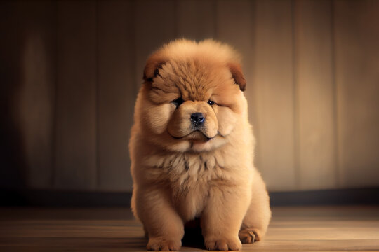 Beautiful Chow Chow puppy dog portrait in front of dark background.