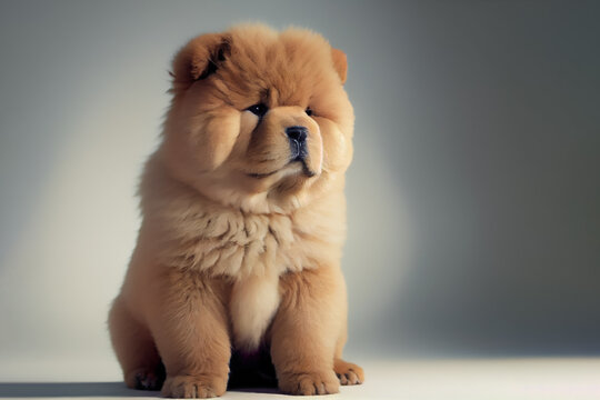 Beautiful Chow Chow puppy dog portrait in front of the blue-gray background.
