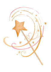 Magic wand watercolor illustration for children. Hand-drawn fairy decor. © Mary