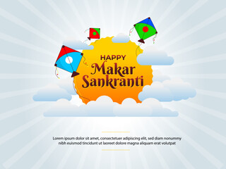 Naklejka premium Happy Makar Sankranti greeting card design with kites, sun rays and cloud on a cool background. Web banner template, mnemonic, graphic illustration layout, logo unit, concept, icon , print ad, poster