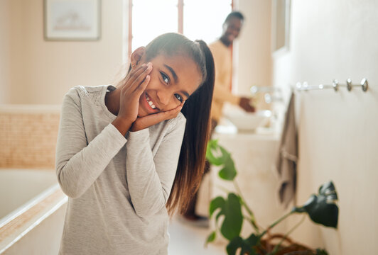 Family, Smile And Portrait Of Girl In Bathroom With Father For Morning Routine, Hygiene And Cleaning. Black Family, Relax And Face Of Young Child For Wellness, Healthy Lifestyle And Self Care At Home