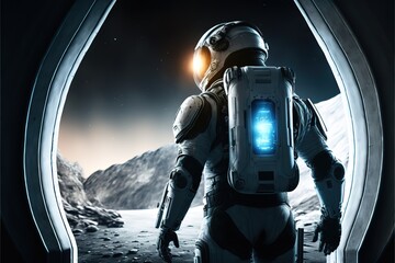 A guy in a spacesuit stands in front of a circular passage portal