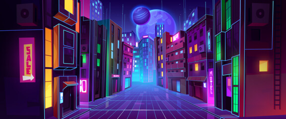 Futuristic metaverse city background with modern architecture and colorful illumination. Contemporary vector illustration of night megalopolis with skyscrapers, neon signs, alien planets in dark sky © klyaksun