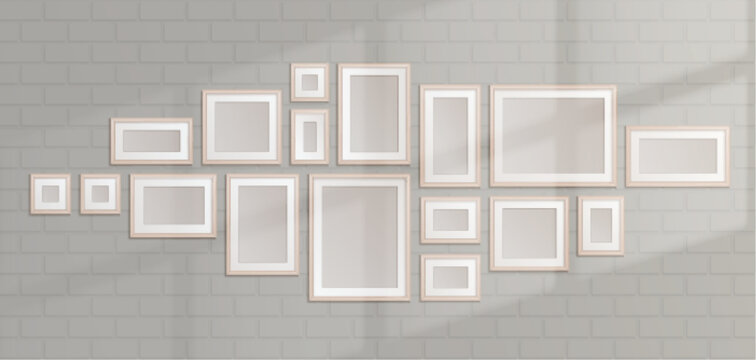 White frames collage and sunlight on brick wall. Realistic vector illustration of gallery or room interior design with rectangular and square picture or photo templates of different size. Home decor