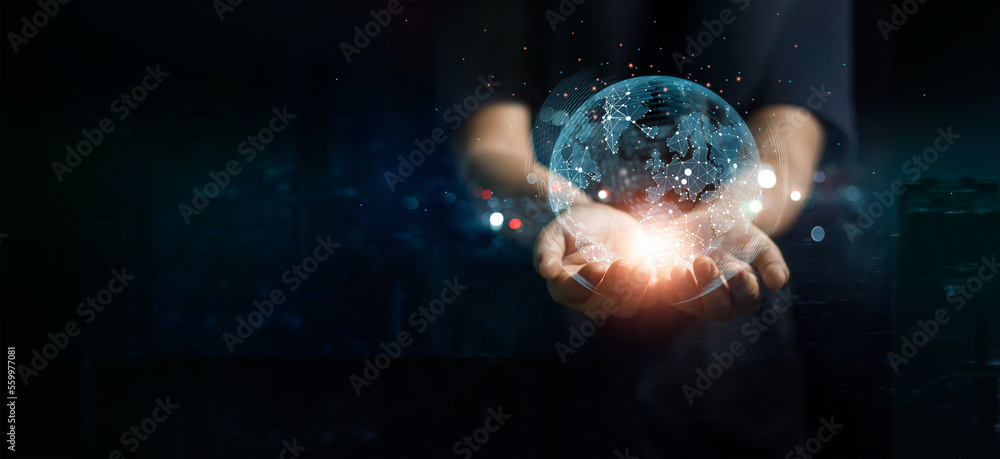 Poster .Businessman holding global network connection of data. Global business. Computing. Business Internet and technology of digital link. Big data analytics on cyberspace.