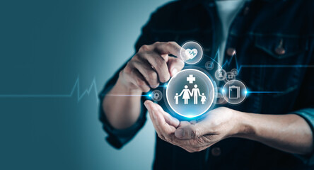 Businessman touch on virtual medical health care icons in modern graphic interface