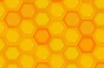 Yellow honeycombs background. Abstract pattern of hexagons built by bees. Honey sticky liquid in a frame. Modern honeycomb art. Natural geometric mosaic, honey and wax mesh. Vector illustration.