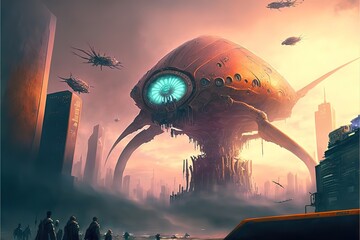 Invasion of huge aliens, aliens are attacking the city - obrazy, fototapety, plakaty