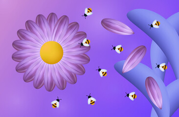 Fototapeta na wymiar A swarm of bees collects honey in the apiary. Vector 3d illustration. The insect pollinates the flowers. Modern creative meadow design, purple flower close-up, environment. Bees collecting pollen.