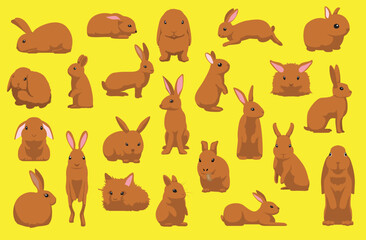 Cute Brown Rabbit Poses Cartoon Vector Illustration