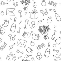 Seamless pattern on love theme. Monochrome endless background with cute birds, bouquet, heart and ring on white background for Valentine's Day card and gift package